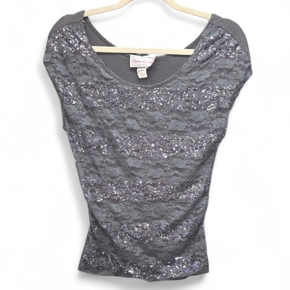 Panhandle Slim Tops - Panhandle Slim Large Gray Sequin Lace Western Top Cowgirl Glam Boho Country Chic